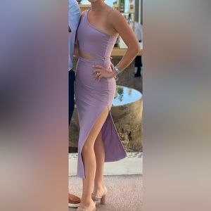 Purple Ribbed One-Shoulder Cutout Midi Dress with Slit on left side, Size S